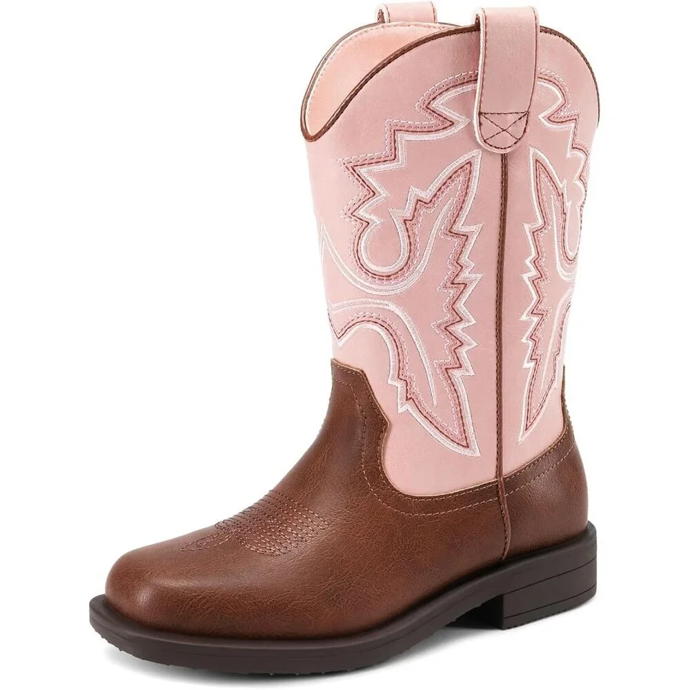 ⚡Girls Pink Brown Cowboy Boots Toddler Mid Calf Western Square Toe Riding Boot
